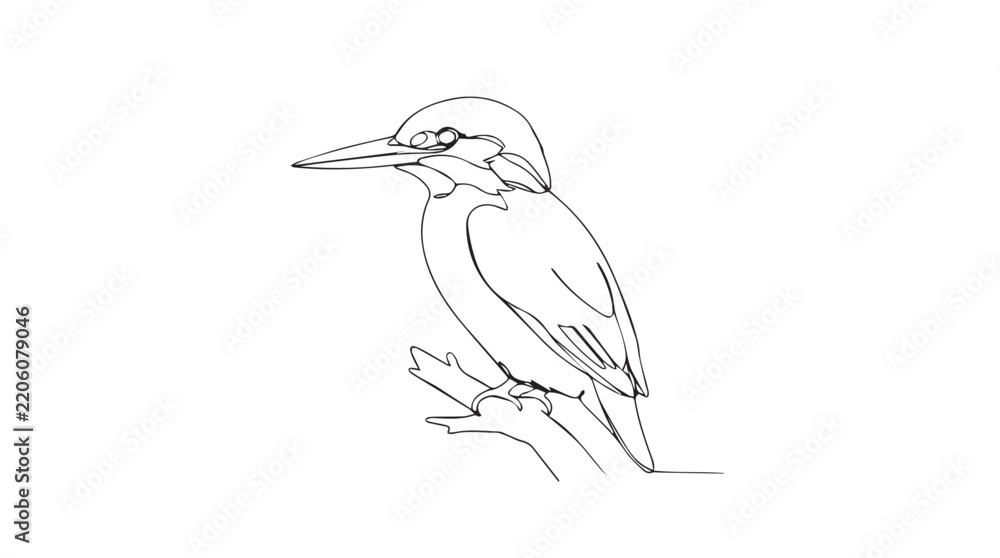 Fototapeta premium Minimalist continuous line art illustration of a kingfisher bird perched on a branch on a textured vintage background