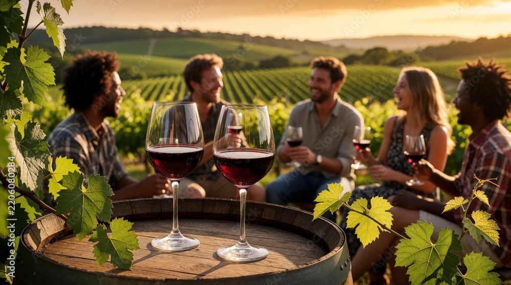 Obraz premium Diverse group of friends enjoy wine tasting experience outdoors at scenic vineyard. Laugh, gather around wooden barrels filled with deep red wine. Sunlight shines through green grape foliage, setting