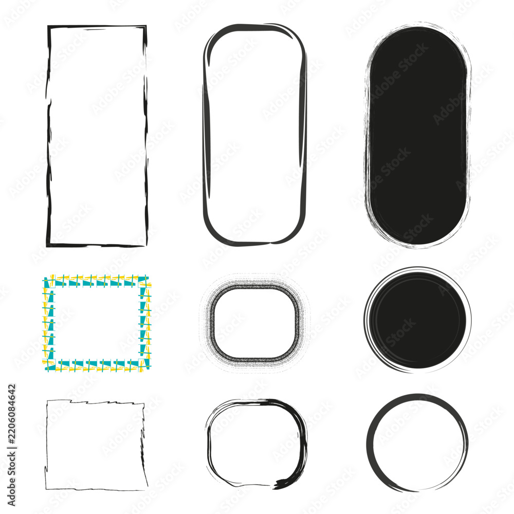Obraz premium Drawn frame border feature black vector collection. This abstract scribble shape visualizes simple modern art layouts.