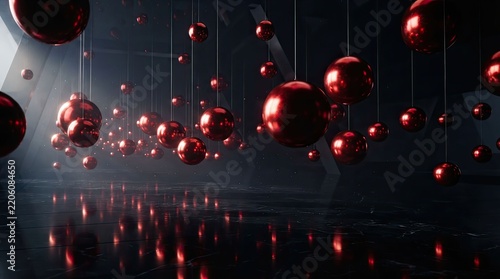 red hanging spheres in a dark reflective environment
