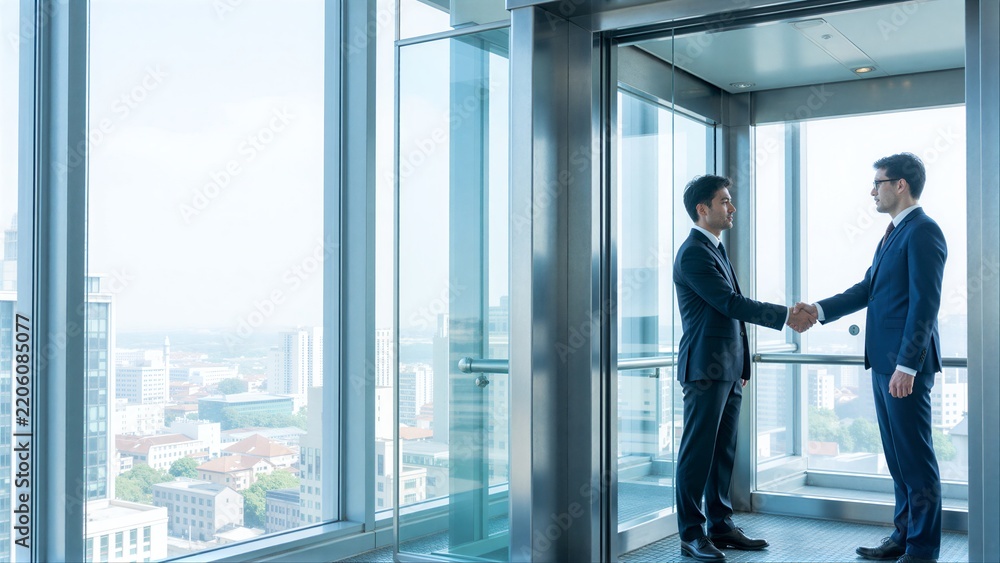 Fototapeta premium Two businessmen shake hands in a modern elevator with cityscape view.