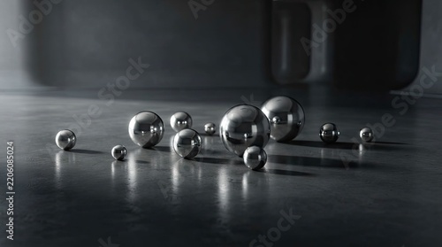 shiny metallic spheres on a dark reflective surface