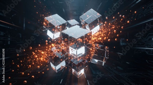 abstract 3d cubes with glowing particles in dark background