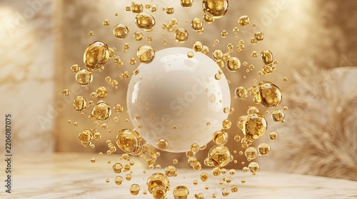 golden bubbles surrounding a white sphere in a soft background