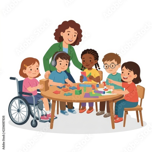 Inclusive classroom with diverse children and teacher playing