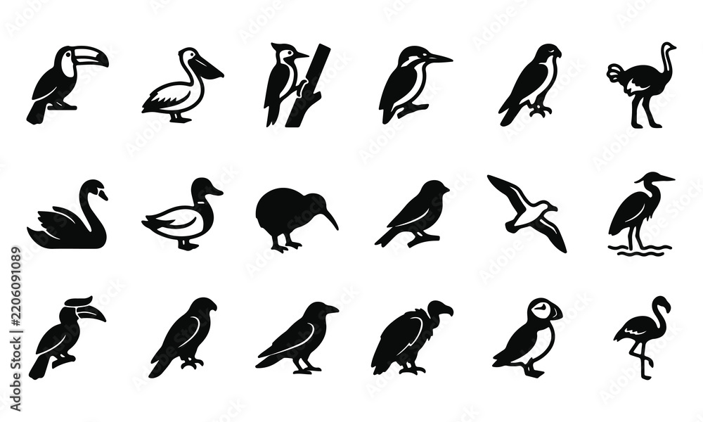 Obraz premium Wild Birds Vector Icons Set Avian Wildlife Fauna Ornithology Black Silhouette Symbols Collection Art & Illustration