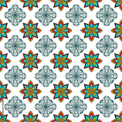 Seamless oriental floral vector pattern with mandala ornaments
