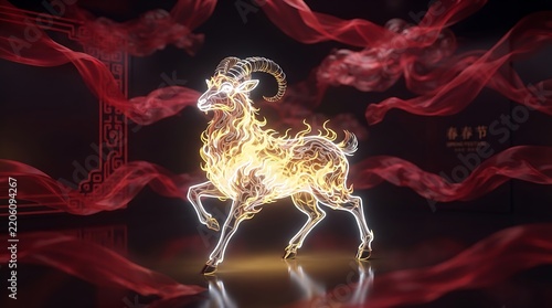 Glowing Ram with Fiery Aura Amidst Red Fabric Swirls on Dark Background.