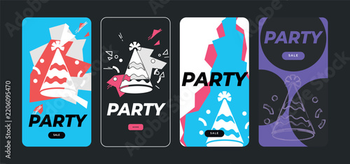 Vertical web ad with Birthday party hat on colorful geometric backgrounds. Party text.