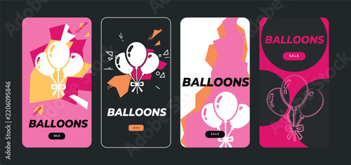 Vertical web ad with Birthday celebration balloons on colorful geometric backgrounds. Balloons text.