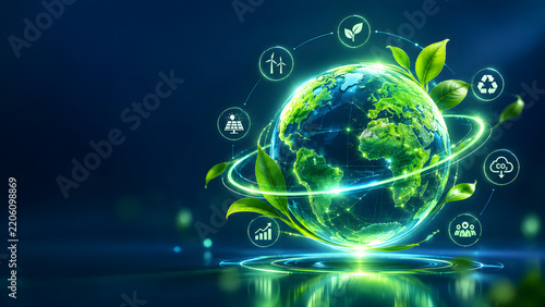 Sustainable green earth with renewable energy icons and leaves