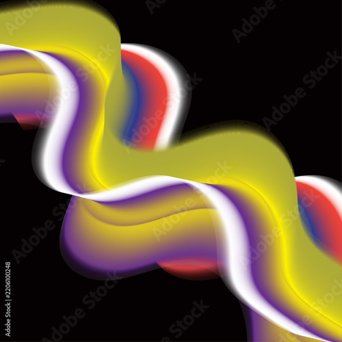 Abstract luminous fluid wave background with glowing yellow, purple, and red ribbon on dark backdrop
