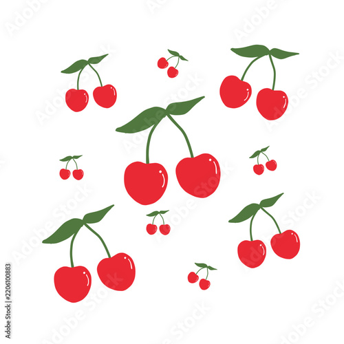 Pattern design collection of cute red cherries in various sizes scattered isolated on white background. High-quality vector illustration featuring fresh summer fruit, perfect for seamless patterns, te