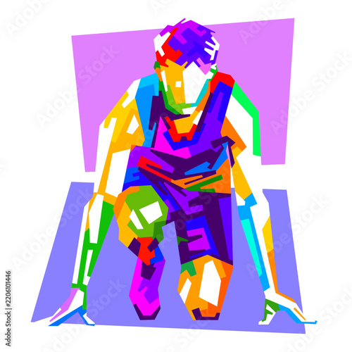 Vibrant vector illustration of a male runner in action during a marathon or workout, created in detailed WPAP pop art style with colorful geometric shapes.