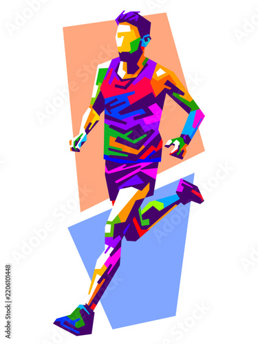 Vibrant vector illustration of a male runner in action during a marathon or workout, created in detailed WPAP pop art style with colorful geometric shapes.