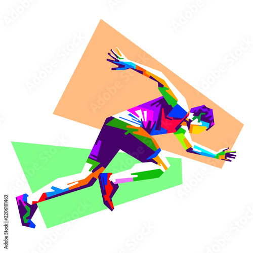 Vibrant vector illustration of a male runner in action during a marathon or workout, created in detailed WPAP pop art style with colorful geometric shapes.