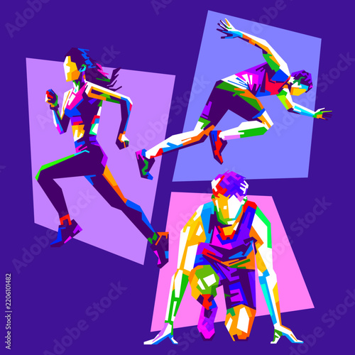 Collection of vibrant vector illustrations of runners and joggers performing various action poses in WPAP pop art style featuring colorful geometric designs.