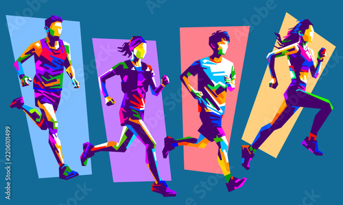 Collection of vibrant vector illustrations of runners and joggers performing various action poses in WPAP pop art style featuring colorful geometric designs.