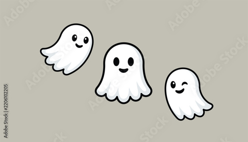 Three cute cartoon ghosts floating on a gray background playful halloween spirit characters