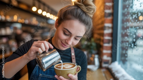 Female Barista Making Latte Art Snowflake Design