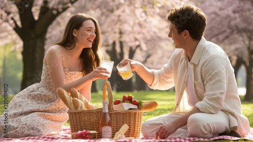 Young Couple Having Picnic in Blossoming Park