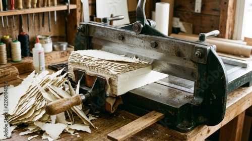 Vintage bookbinding press operating in a workshop