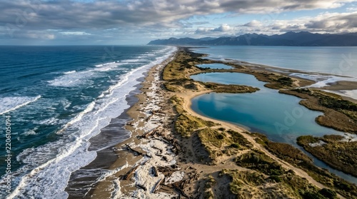 Coastal landscape with lagoon and sandy beach under cloudy sky
