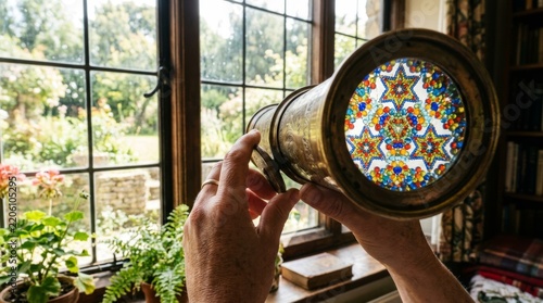 Person viewing colorful stained glass through antique telescope