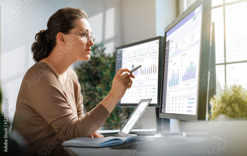 Focused Businesswoman Analyzing Financial Data on Multiple Monitors