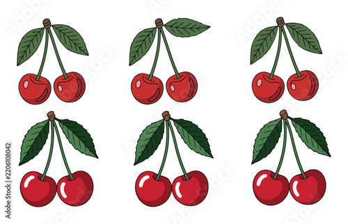 Red cherry pairs with green leaves vector illustration for summer food and organic snack design.