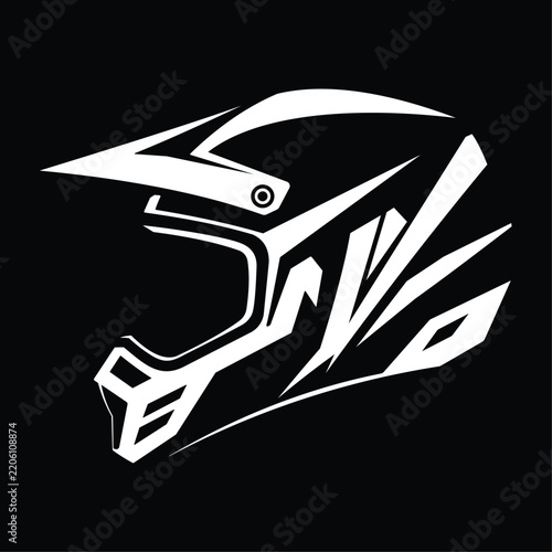 Vector illustration of a black and white motocross helmet featuring modern, sporty tribal accents.