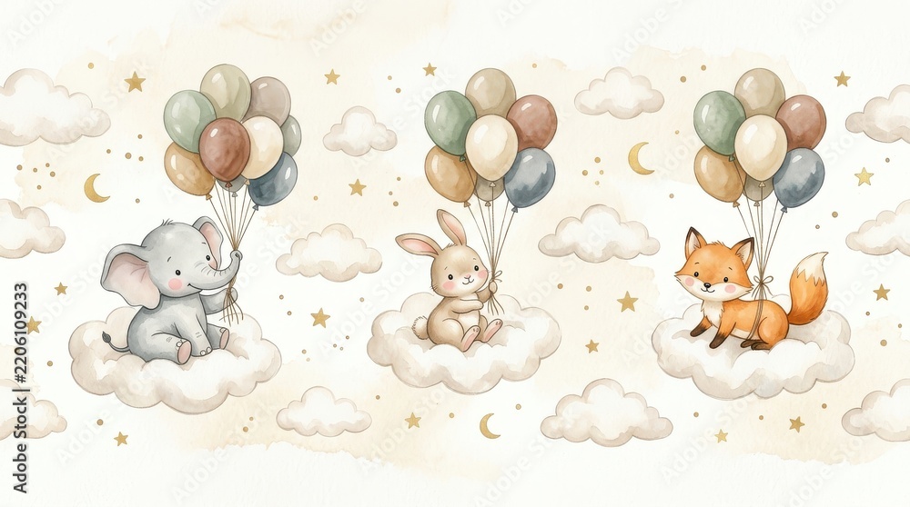 Fototapeta premium Watercolor Nursery Art with Cute Elephant Bunny and Fox Sitting on Clouds Holding Colorful Balloons for Baby Room Decor
