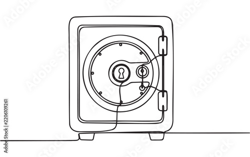 A single continuous line drawing of a metal bank safe showing a round door with a keyhole and a secure locking handle