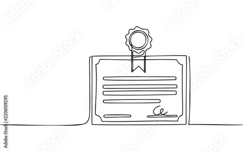 Certificate diploma document with a seal drawn in a continuous single line style for education and achievement awards