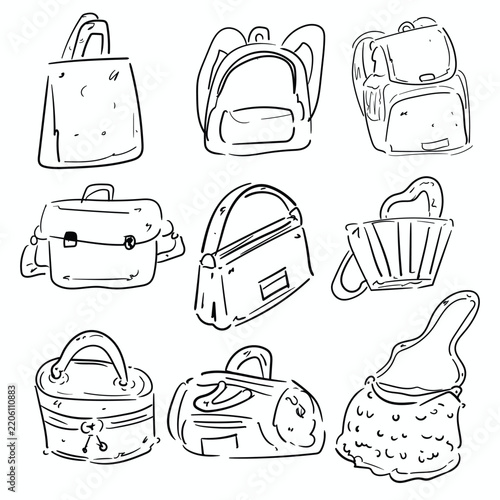 Hand Drawn Bag Collection Featuring School Backpacks Sport Duffles and Beauty Makeup Cases Clipart Set