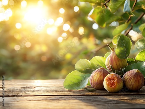 Fresh fig on a wooden table with green leaves, golden sunlight bokeh, rustic and natural composition