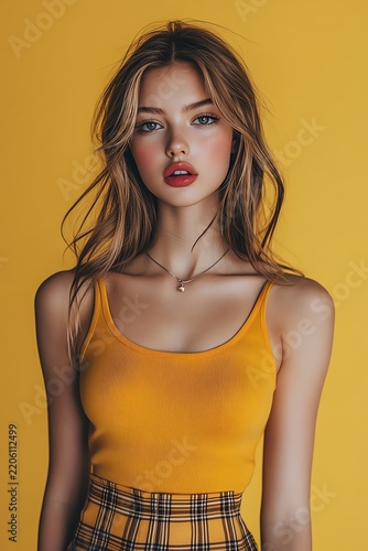 Girl in yellow top and plaid skirt against a yellow backdrop, intense gaze, stylish and bold