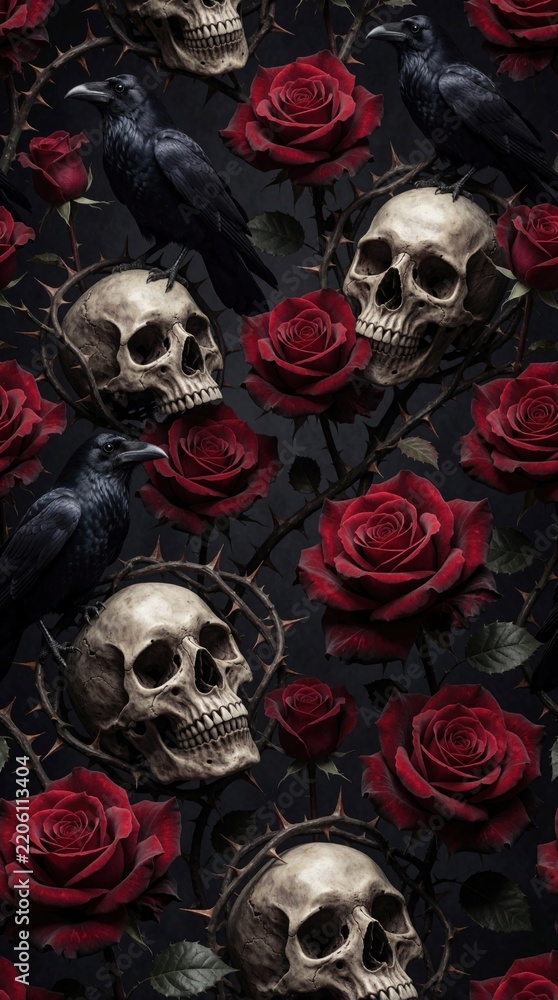 Obraz premium Dark gothic seamless pattern with red roses, human skulls, black ravens. Thorny vines weave through skulls, flowers on dark background. Moody floral design for halloween, memento mori concept macabre