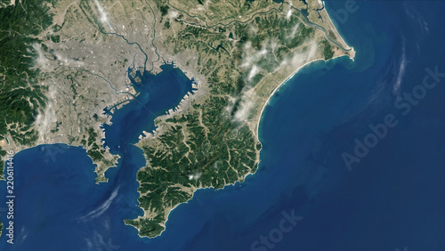 房総半島と太平洋の海岸線を真上から見渡す高精細な地球観測衛星画像