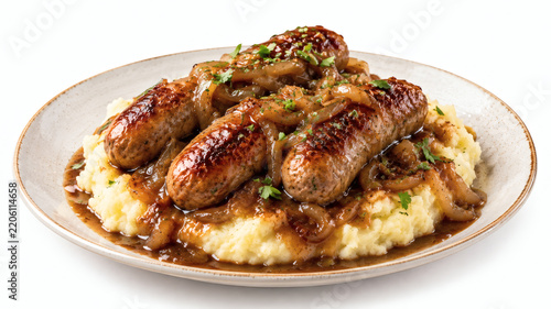 Traditional British Bangers And Mash With Onion Gravy