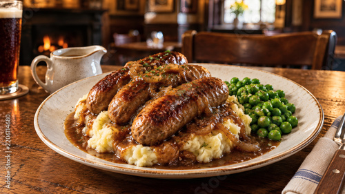 Traditional British Bangers And Mash Served In A Classic Pub