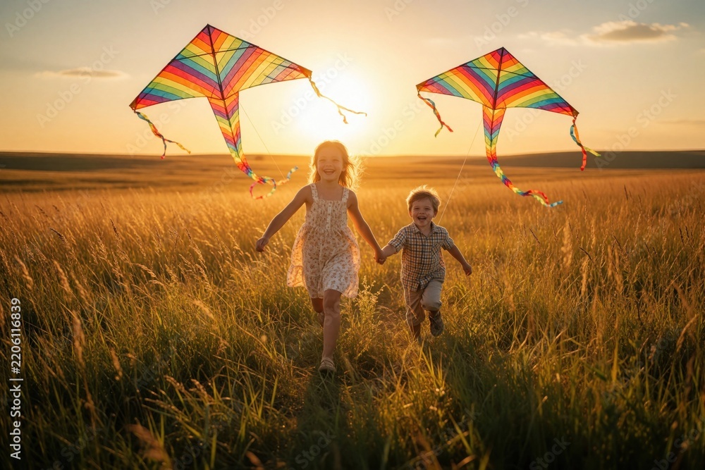 Fototapeta premium Happy sister, brother run through golden grass field at sunset. Little caucasian kids play with colorful kites in summer meadow. Joyful childhood moments with family fun under warm sun. Siblings