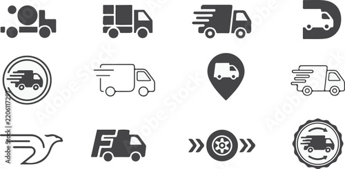Delivery truck icons set featuring fast shipping and cargo logistics symbols in flat design vector style