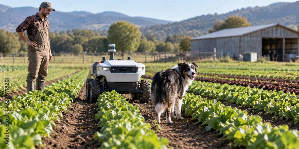 Obraz premium Autonomous Farm Robot Navigating Crop Rows Alongside A Farmer And Dog
