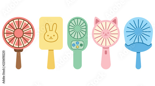Set of colorful handheld fans with various cute shapes for cooling during summer season.