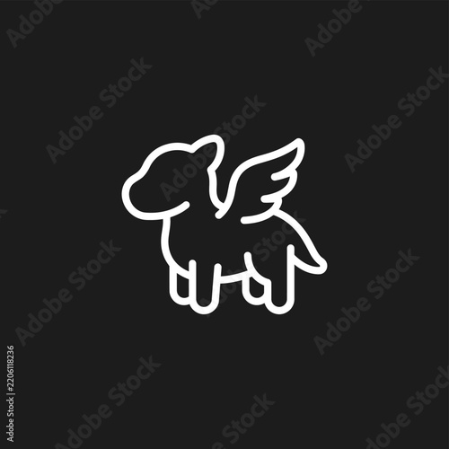 Flying winged puppy dog creature line art icon.
