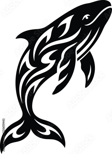 Tribal Whale Vector Illustration Black and White Marine Animal Silhouette Art