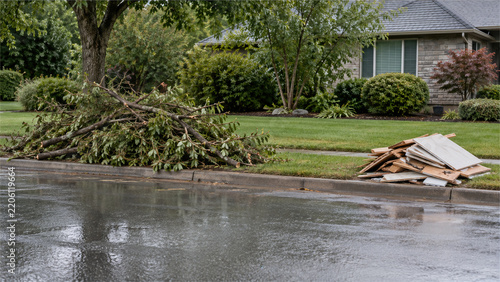 Storm debris sorted into tree branches and building waste along residential curb