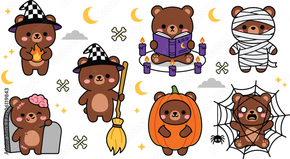 Fototapeta premium Cute Halloween Bear Character Collection with Witch, Mummy, Pumpkin, Zombie, Fortune Teller, Skeleton, Graveyard, and Spider Web Costumes