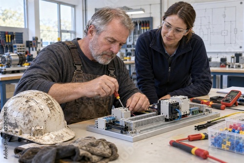 Older Man and Woman Working on Electrical Components in a Training Workshop